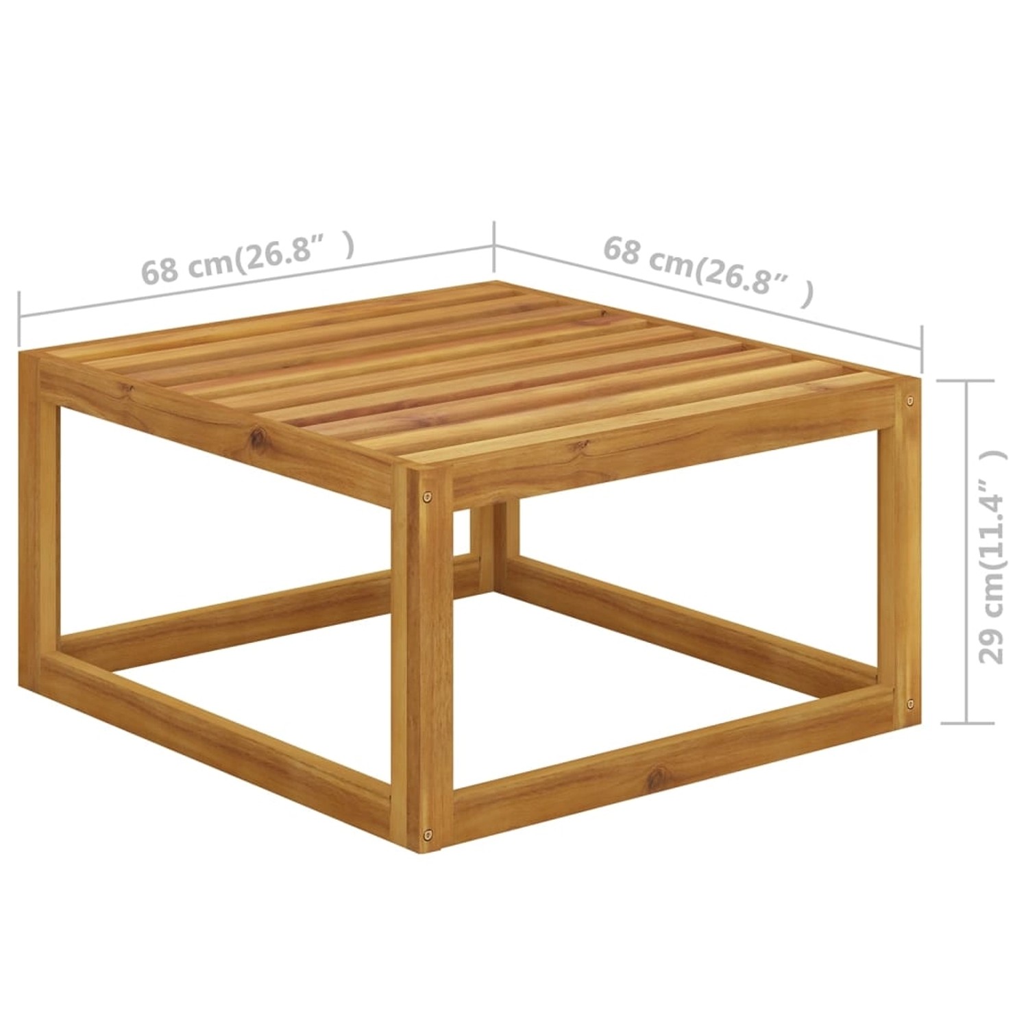 Quadratischer Akazienholz-Tisch, Teil des vidaXL Garten-Lounge-Sets Modell 23, mit Maßangaben.