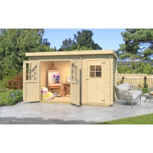 Helles Weka Holz-Gartenhaus Brixen mit Flachdach und zwei Räumen, naturbelassen.