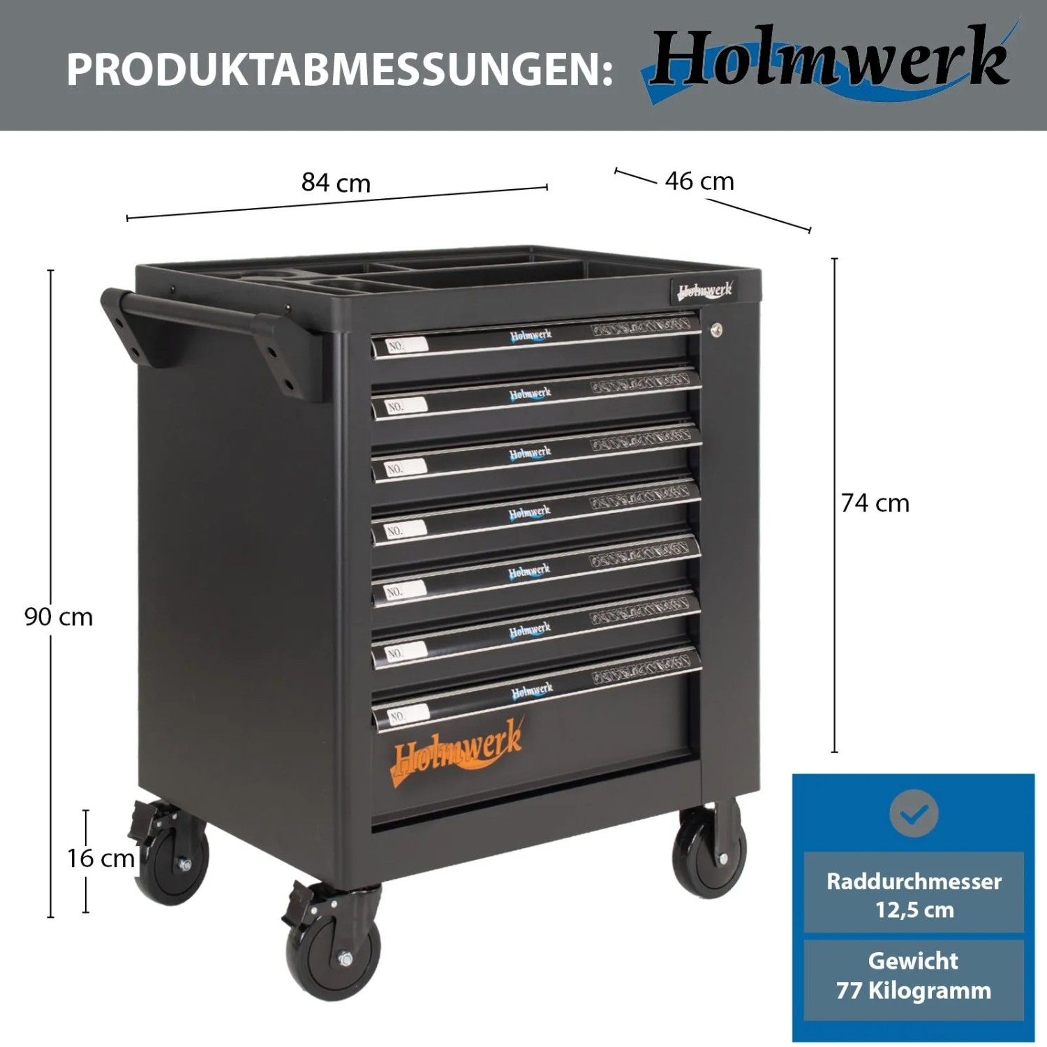 Holmwerk Werkstattwagen ROCKX mit 7 Schubladen, unbestückt, Stahl, mobil.