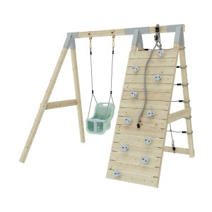 PolarPlay Klettergerüst Schneehase mit Schaukel und Kletterwand, mintgrüne Akzente.