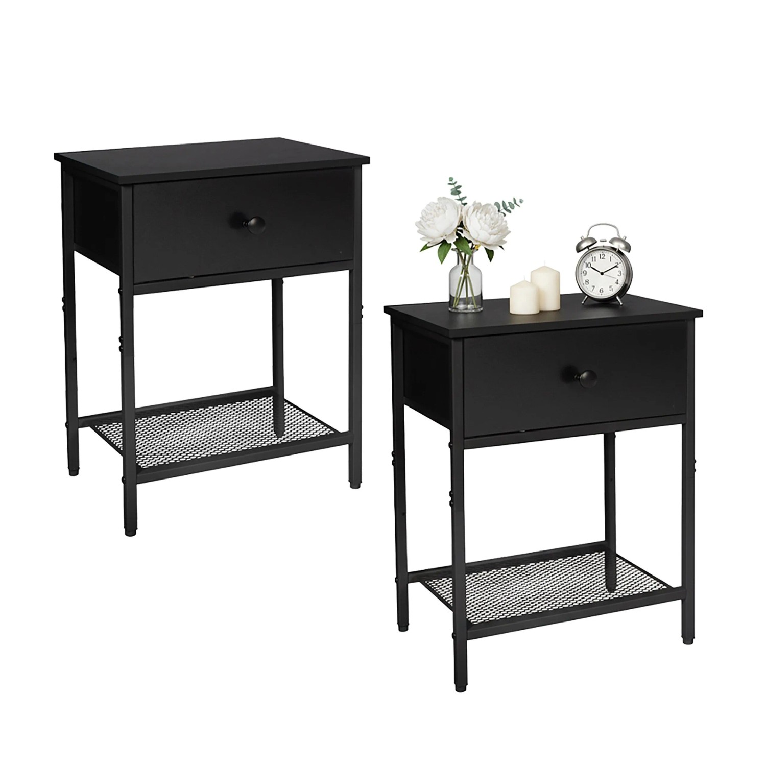 Relaxdays Nachttisch 2er Set Schublade Ablage MDF Stahl Schwarz Höhenverstellbar Rutschfest 55 cm x 40 cm x 30 cm