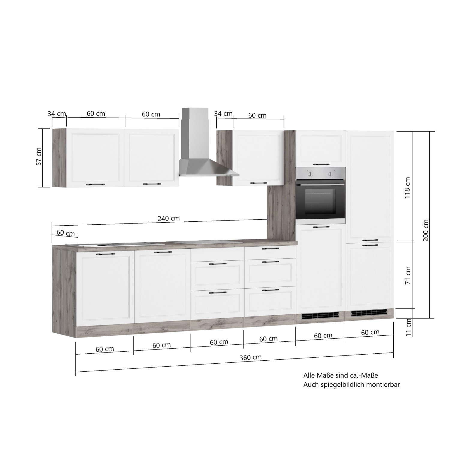Küchenzeile Kempten 360 cm in Weiß/Wotan mit E-Geräten und Maßen.