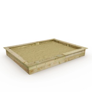 Rechteckiger Wickey Sandkasten King Kong aus Holz, gefüllt mit Sand.