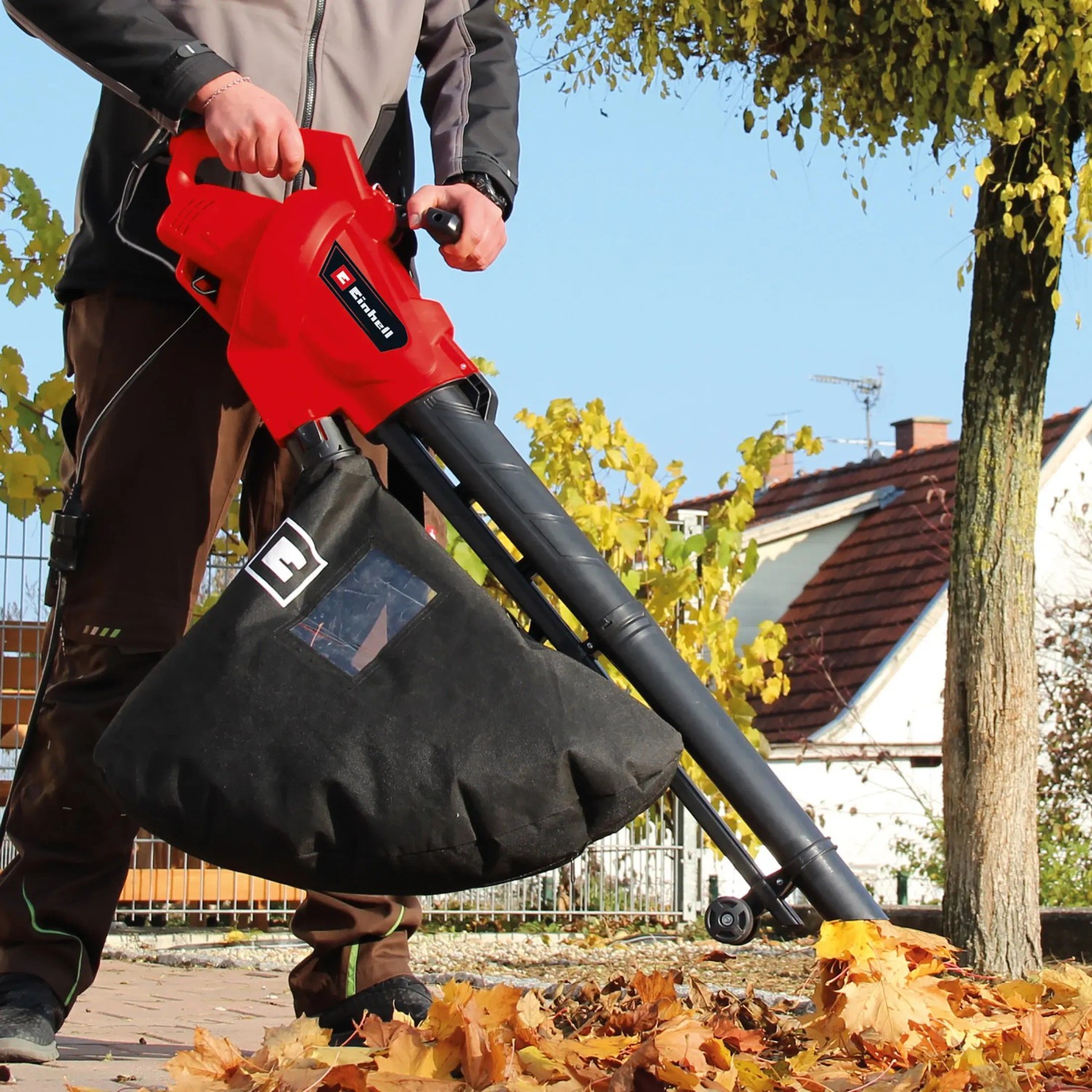 Einhell Elektro-Laubbläser GC-EL 3024 E beim Laubsaugen im Garten.