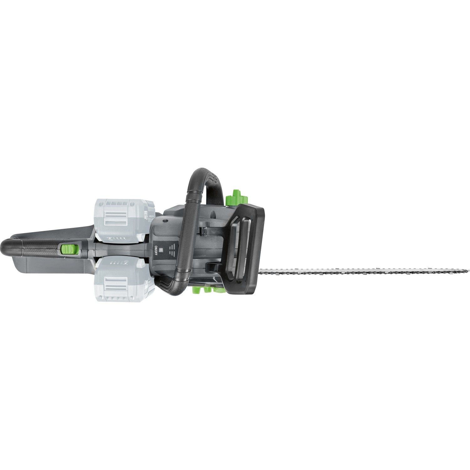 LUX-TOOLS Akku-Kettensäge A-KS-2x20/405 1 PowerSystem mit zwei Akkus, seitliche Ansicht.