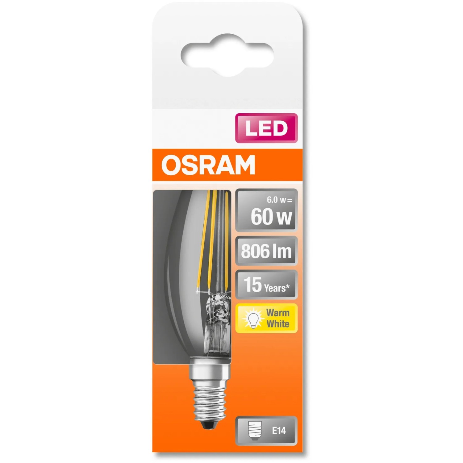 Osram LED-Leuchtmittel E14 Kerzenform, 5,5W, warmweiß, in Verpackung.