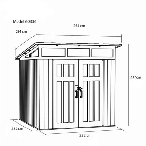 Skizze Lifetime Gerätehaus Merkur dunkelgrau, 5,4 m², mit Maßangaben zu Höhe, Breite und Tiefe.