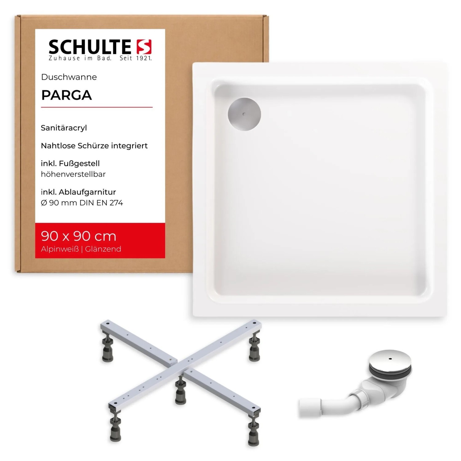 Schulte Parga Duschwanne 90x90 cm Komplettset Sanitäracryl Weiß mit Schürze