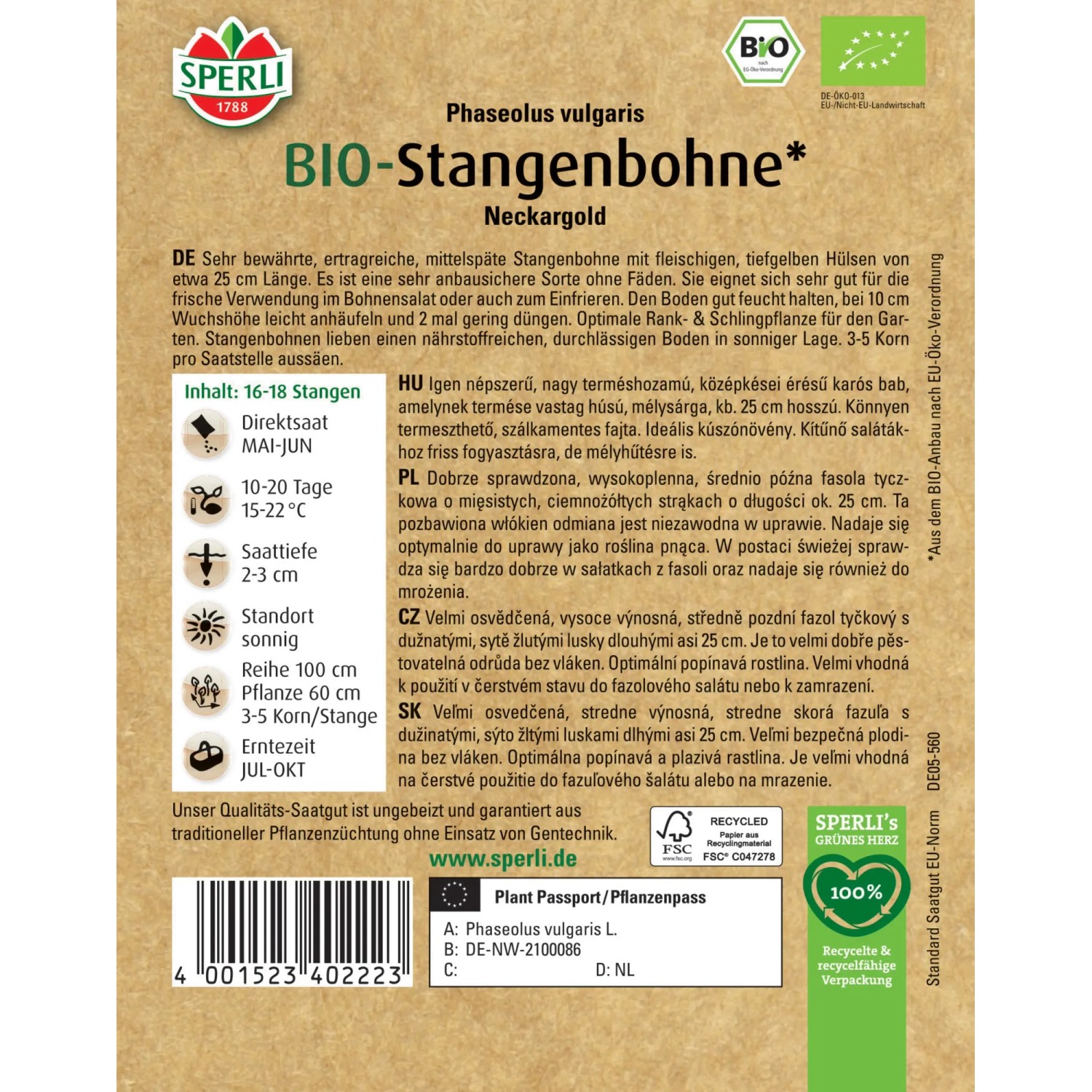 Sperli Bio Stangenbohne Gelb Samenpackung, Gemüsesamen für gelbe, fadenlose Bohnen.