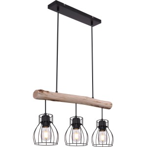 Globo Pendelleuchte Mina mit Holzbalken und 3 schwarzen Lampenschirmen.