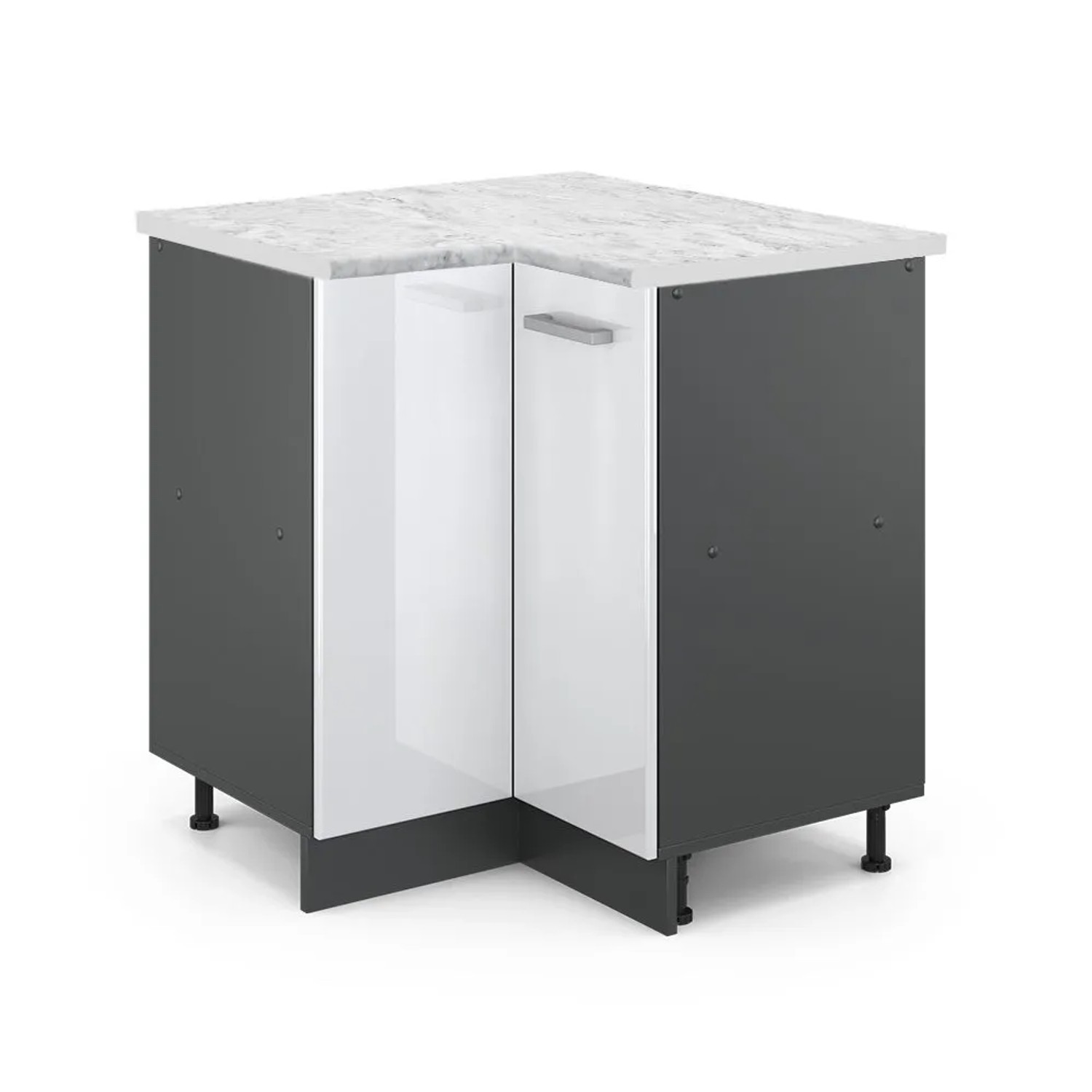 Vicco Eckunterschrank R-Line Küchen Eckschrank Weiß Hochglanz Anthrazit AP Marmor mit Anthrazit Korpus Opt2
