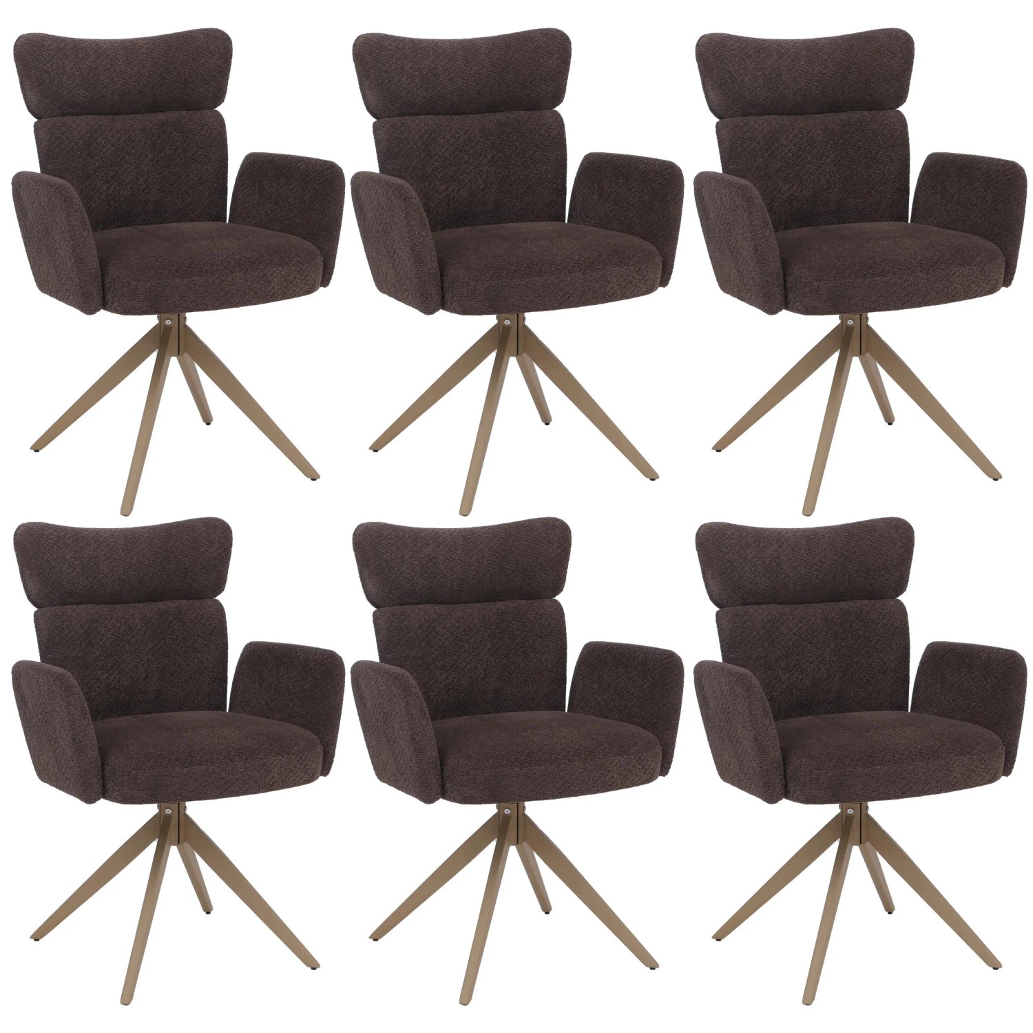 Mcw 6er-Set Esszimmerstuhl N11 Drehbar Auto-Return Stoff Bouclé Dunkelbraun Beine Holz-Optik