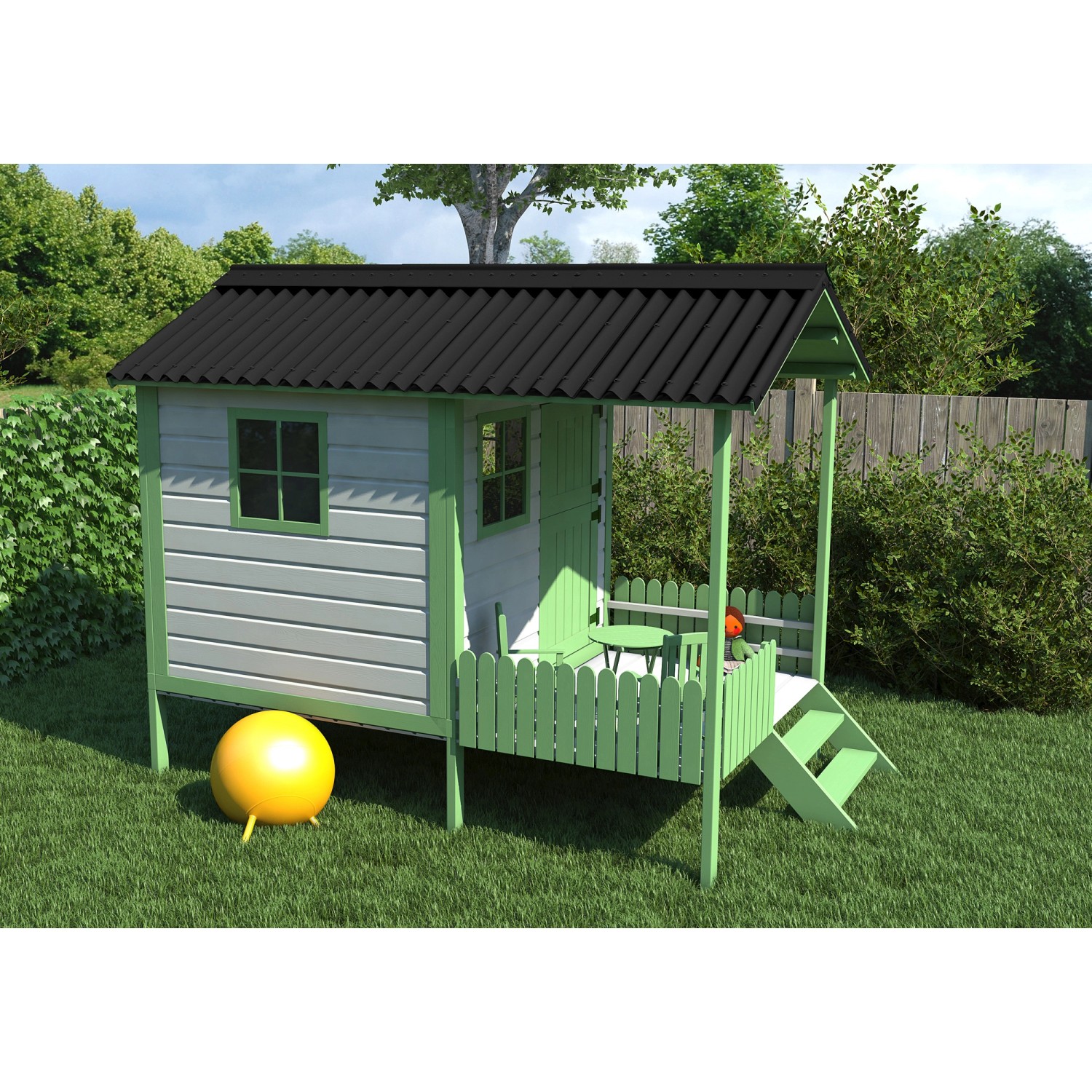 Spielhaus mit schwarzer Onduline Bitumenwellplatte Easyline als Dachbedeckung.