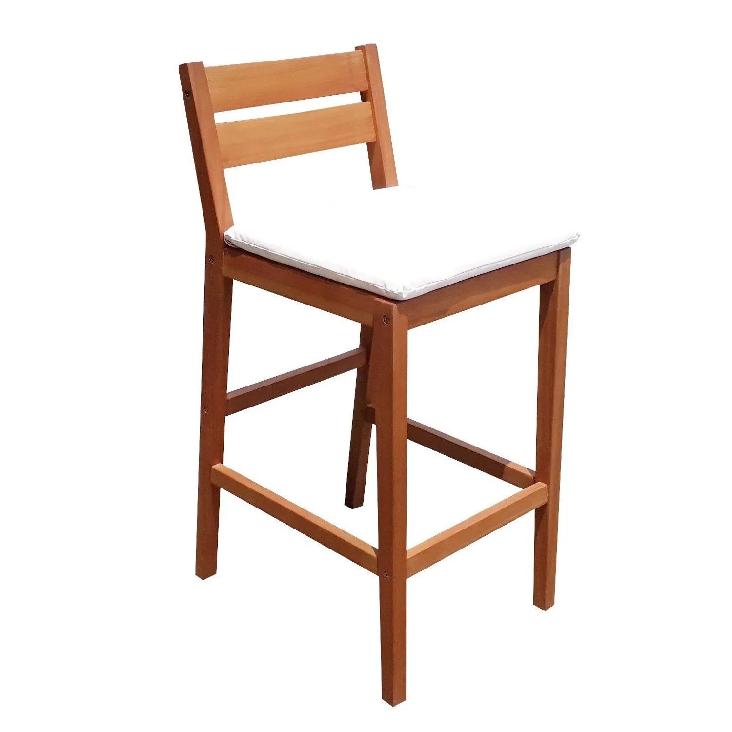 Barhocker aus Eukalyptusholz mit beigem Sitzkissen, Teil des DELUKE Barsets.