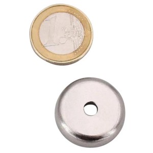 Verchromter Tifler Topfmagnet Neodym, 25mm Durchmesser, mit Euro-Münze als Größenvergleich.