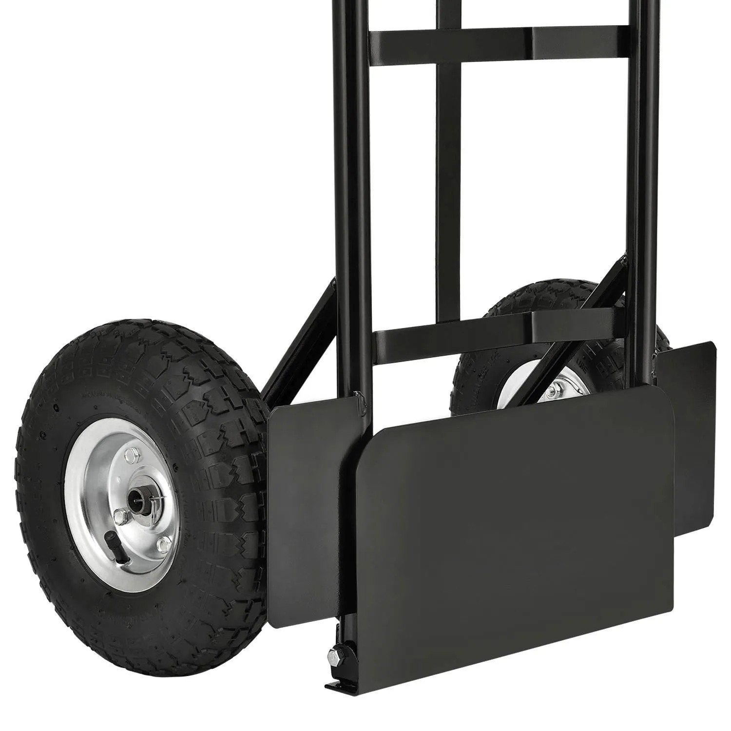 Detailaufnahme: Schwarze Juskys Sackkarre Basic mit roten Griffen, klappbare Schaufel und Lufträder.