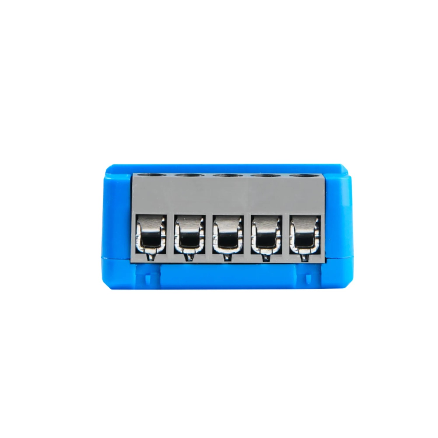 Blaues Shelly Smart-Relais Mini Gen4 für die Hausautomation, Detailansicht der Anschlüsse.