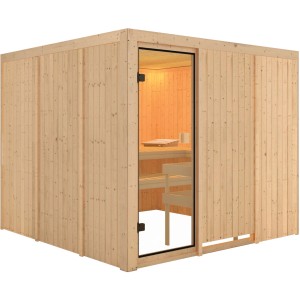 Karibu Sauna Arvika mit bronzierter Glastür, Fronteinstieg. Massivholzsauna mit Bänken und Ofenschutzgitter.