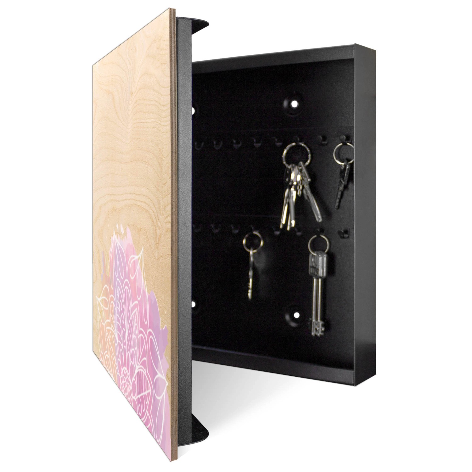 Offener, schwarzer Banjado Schlüsselkasten mit Mandala-Motiv auf der Holzfront und 50 Haken zur Schlüsselaufbewahrung.