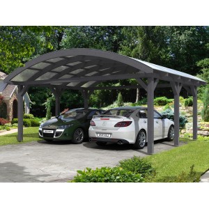 Skan Holz Doppelcarport Franken in Schiefergrau mit zwei geparkten Autos.