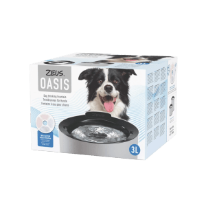 Verpackung des Zeus Trinkbrunnen Oasis Grau 3 l für Hunde, ein Hundenapf für frisches Wasser.