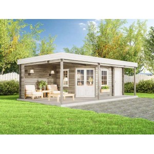 Finntherm Gartensauna Johanna-40 Plus, naturbelassen, mit Flachdach und Terrasse im Garten.