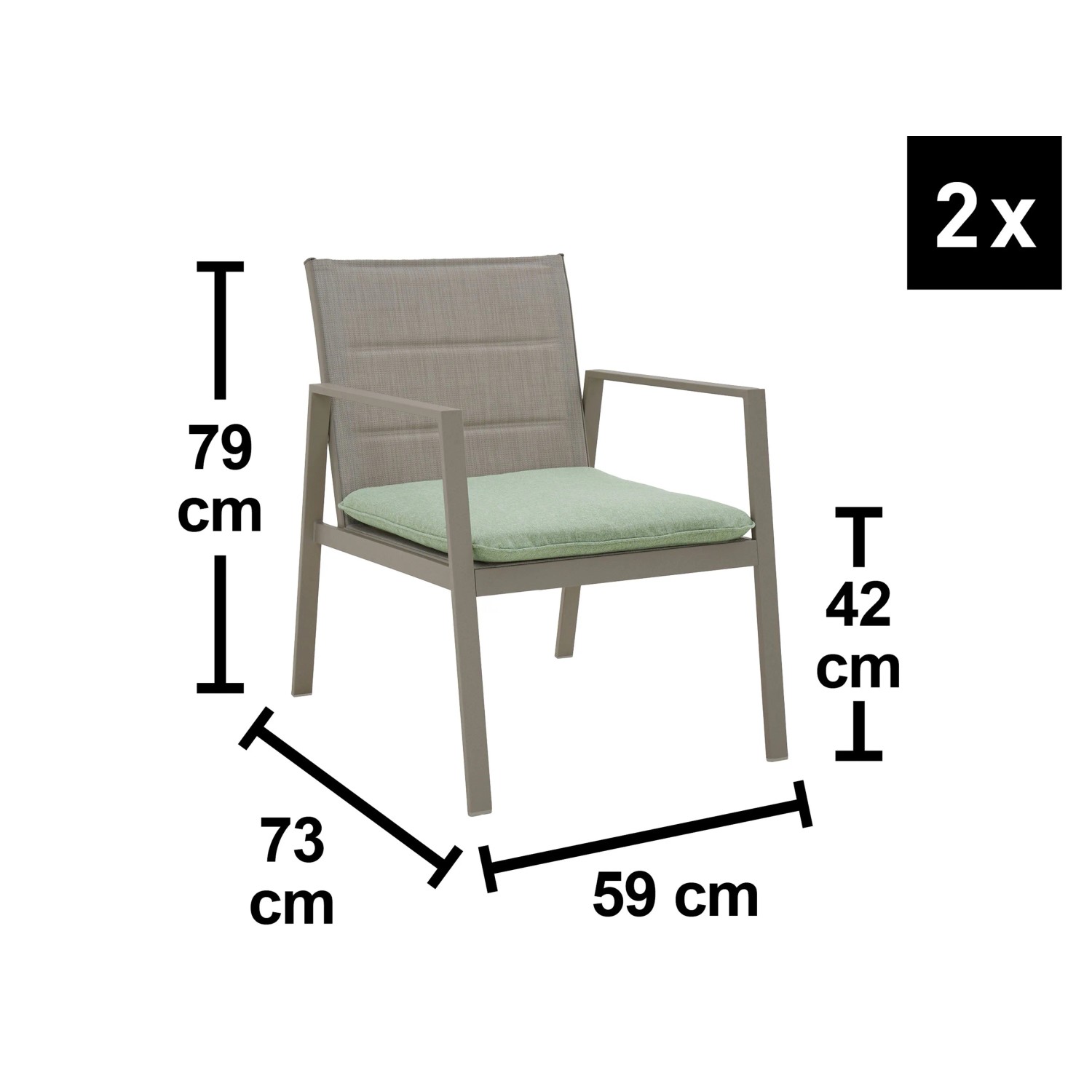 Jamapa Garten Sessel: hellgraues Stahlgestell, graue Textilbespannung, grünes Sitzkissen. Lounge-Gartenmöbel.