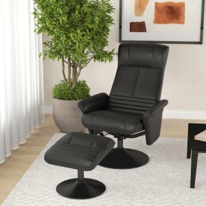 Schwarzer Relaxsessel mit Fußhocker aus Polyester und Stahl. Moderner Loungesessel für höchsten Komfort.