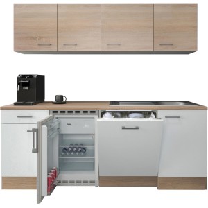 Flex-Well Classic Büroküche Florida, 210 cm, Weiß und Sonoma Eiche mit Kühlschrank und Geschirrspüler.