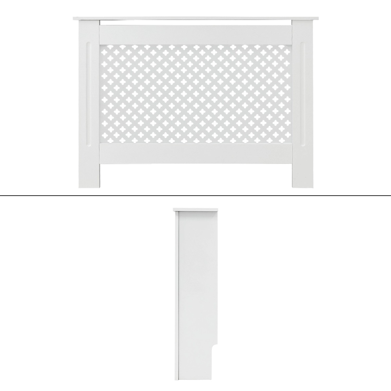 Weiße ECD Germany Heizkörperverkleidung mit Wabenmuster, Frontansicht und Seitenansicht.