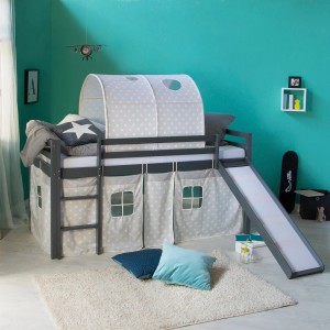 Homestyle4u Kinderhochbett 90x200 Grau mit Lattenrost Rutsche 2781