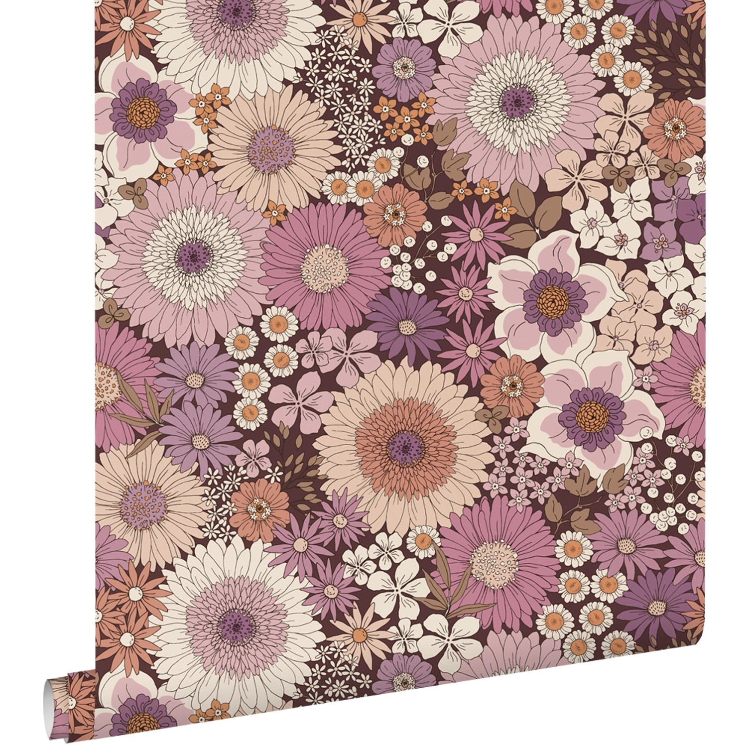 ESTAhome Tapete Retro Blumen Aubergineviolett und Terrakottarosa 50 x 900 c günstig online kaufen