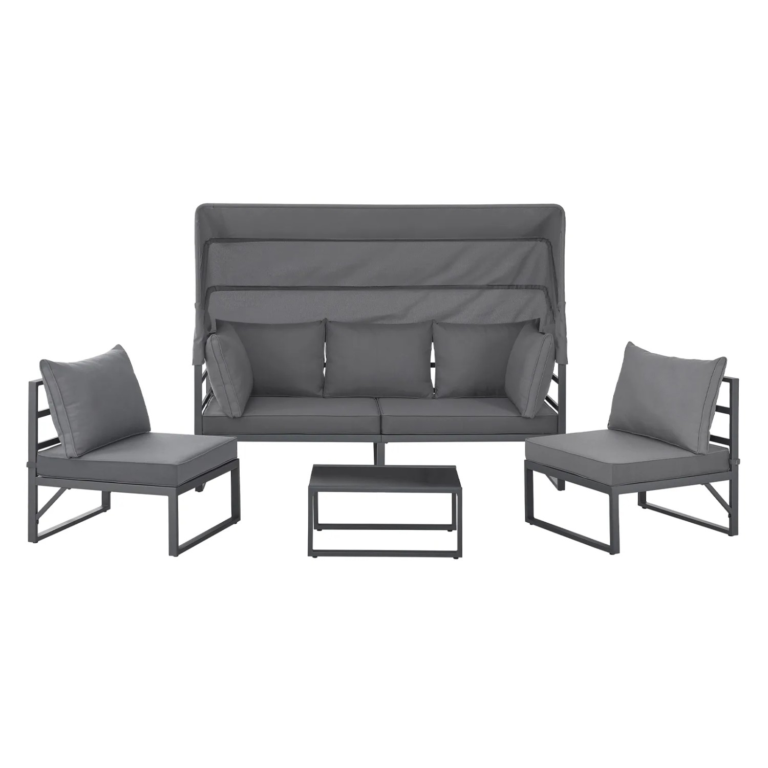 Graues Svita Maui Gartenmöbel Lounge Set mit Dach: Sofa, Sessel und Tisch für Outdoor-Entspannung.