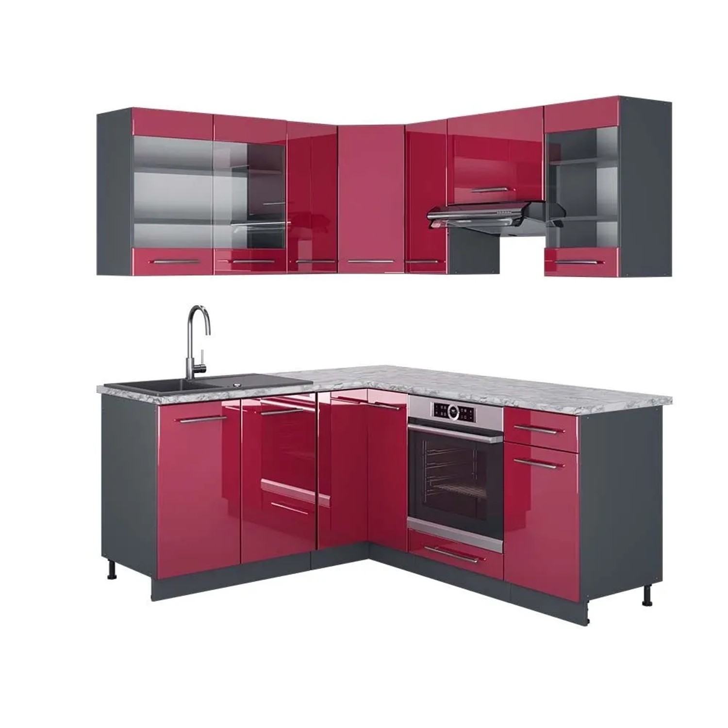 Vicco Eckküche Fame-Line Bordeaux Hochglanz/Anthrazit 190 x 82, AP Marmor