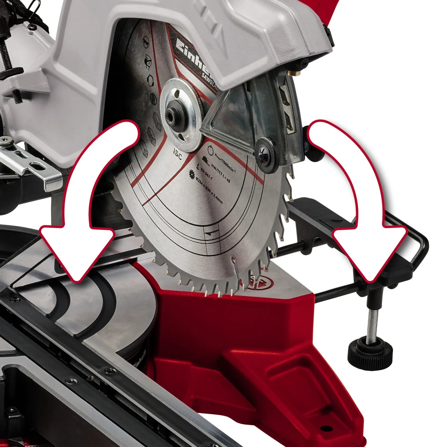 Einhell TE-SM 10 L Dual Zug-Kapp-Gehrungssäge mit schwenkbarem Sägeblatt und Pfeilen zur Richtungsanzeige.