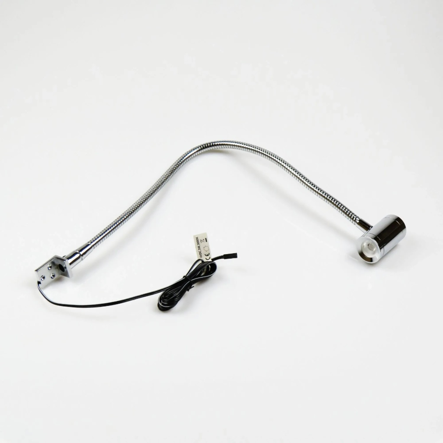 Silberne LED Bettleuchte mit flexiblem Schwanenhals, 3W, Warmweiß, zur Montage als Nachttischlampe.