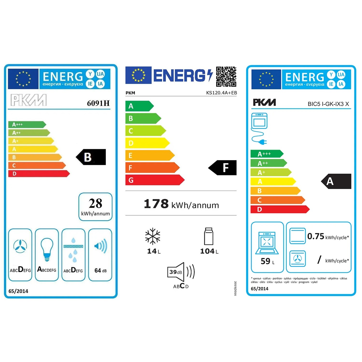 Energieeffizienzlabel für PKM Kühlschrank, Gefrierschrank und Backofen. Übersichtliche Infos zu Verbrauch und Lautstärke.