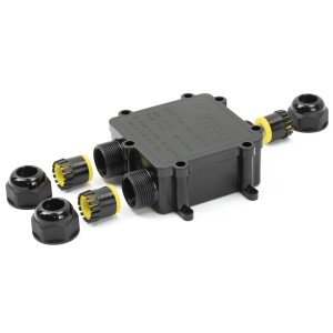 Schwarze S-Impuls Abzweigdose IP68 für Außenbereich mit 2 Anschlüssen und Zubehör.