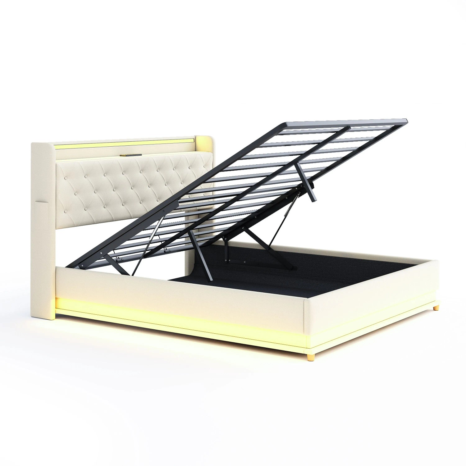 okwish Polsterbett 160x200cm mit LED USB Hydraulischem Stauraum Beige ohne Matratze