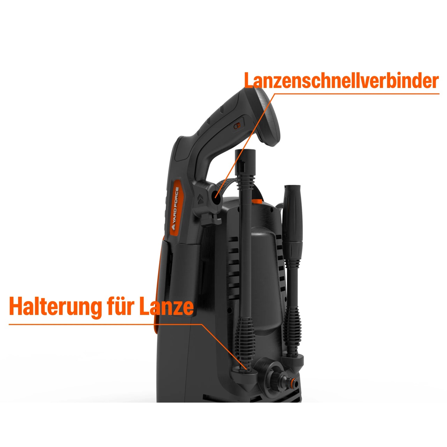 Yard Force Hochdruckreiniger mit Lanzenhalterung und Schnellverbinder für Lanze.