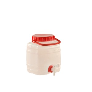 Getränkefass Standard 5 l aus Kunststoff mit rotem Deckel und Auslaufhahn.
