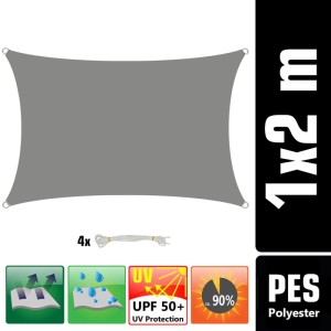 Graues, rechteckiges AMANKA Polyester Sonnensegel 1x2 m mit UV-Schutz und Seilen. Wasserabweisend für Garten & Terrasse.