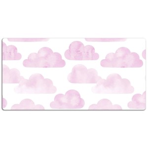 Schreibtischunterlage mit rosa Wolkenmuster auf weißem Grund. PVC-Matte für Büro und Arbeitsplatz.