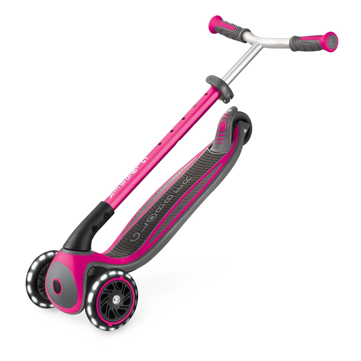 Globber Master Lights Kinder Tretroller, pink, mit LED-Leuchtrollen und höhenverstellbarer Lenkstange.