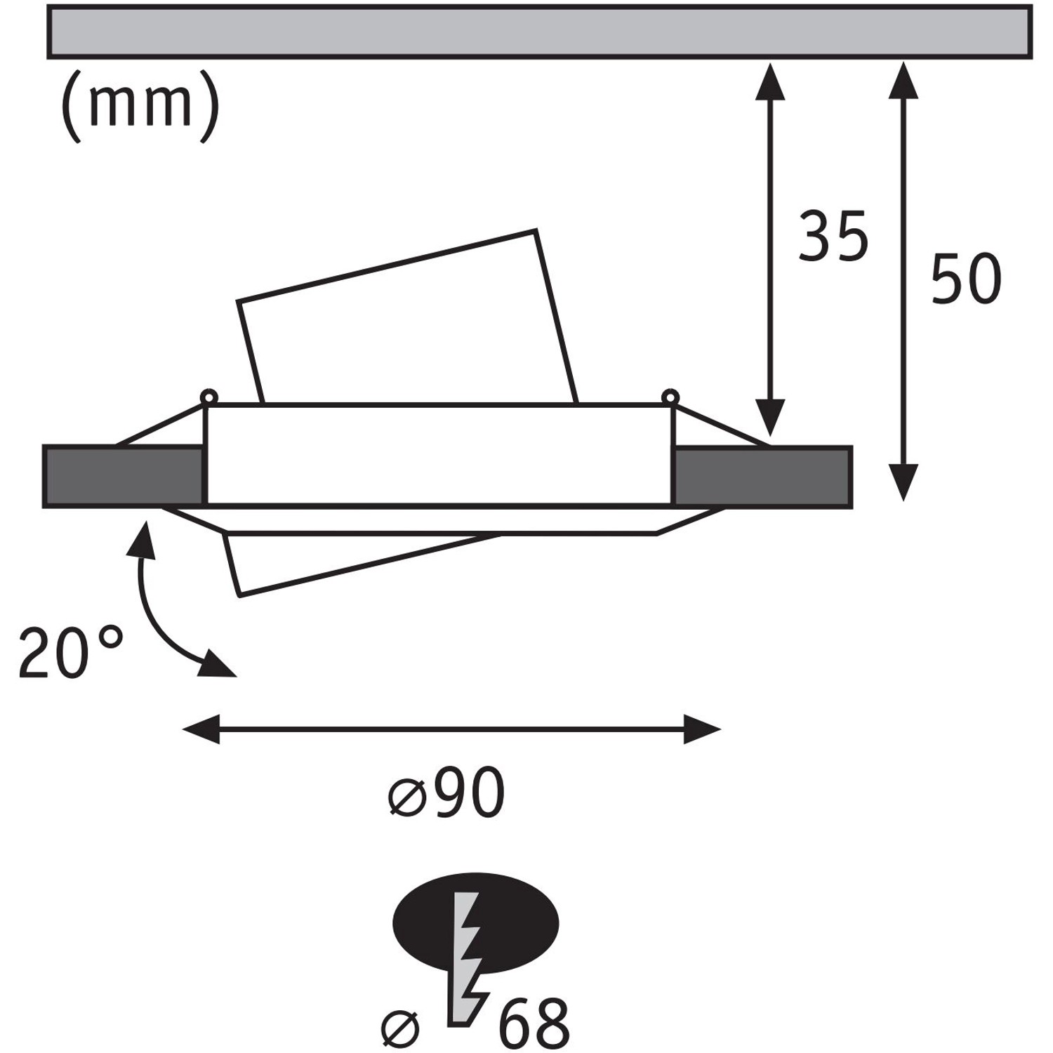 Technische Zeichnung Paulmann LED Einbauleuchte Coin: Maße, Schwenkbereich, Deckenausschnitt für Smart Home Installation.