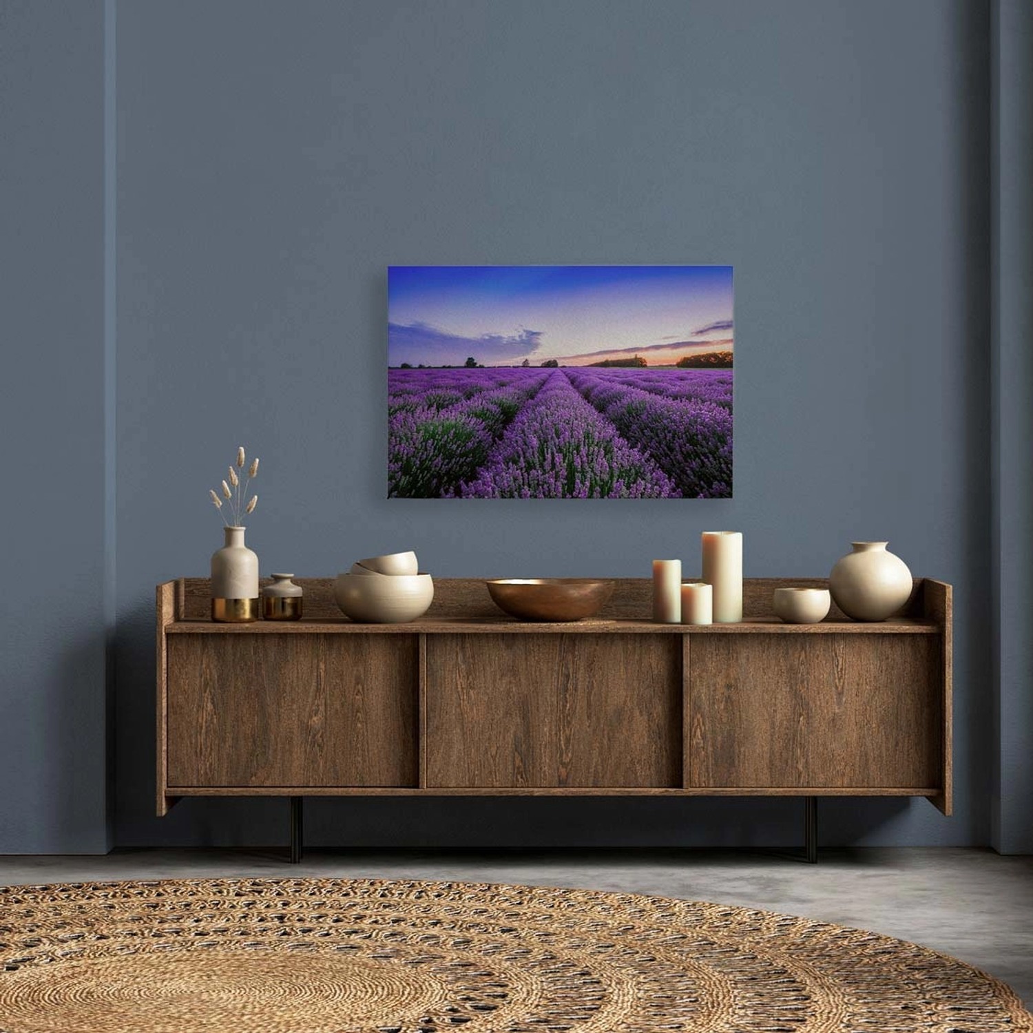Bricoflor Leinwandbild Lavendelfeld In Sonnenuntergang Romantisches Wandbild Lila Blau Für Schlafzimmer Und Bad 90 X 60 