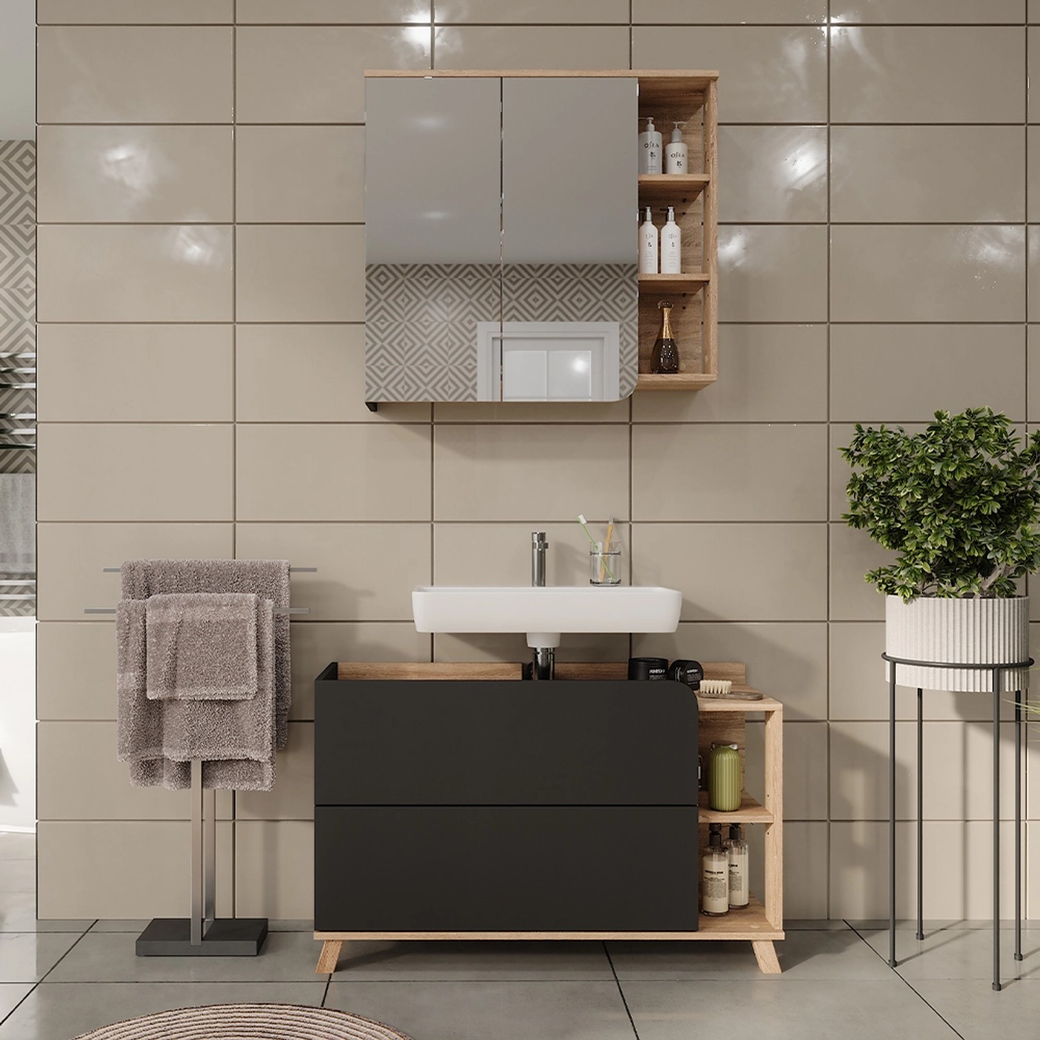 Vicco Badmöbel-Set Karen Sonoma/Anthrazit, 2-teilig mit Waschbeckenunterschrank und Spiegelschrank.