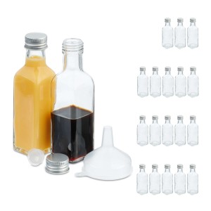 20 transparente Glas-Miniflaschen mit silbernen Schraubverschlüssen und Trichter. Perfekt für Liköre, Schnäpse und Öle.