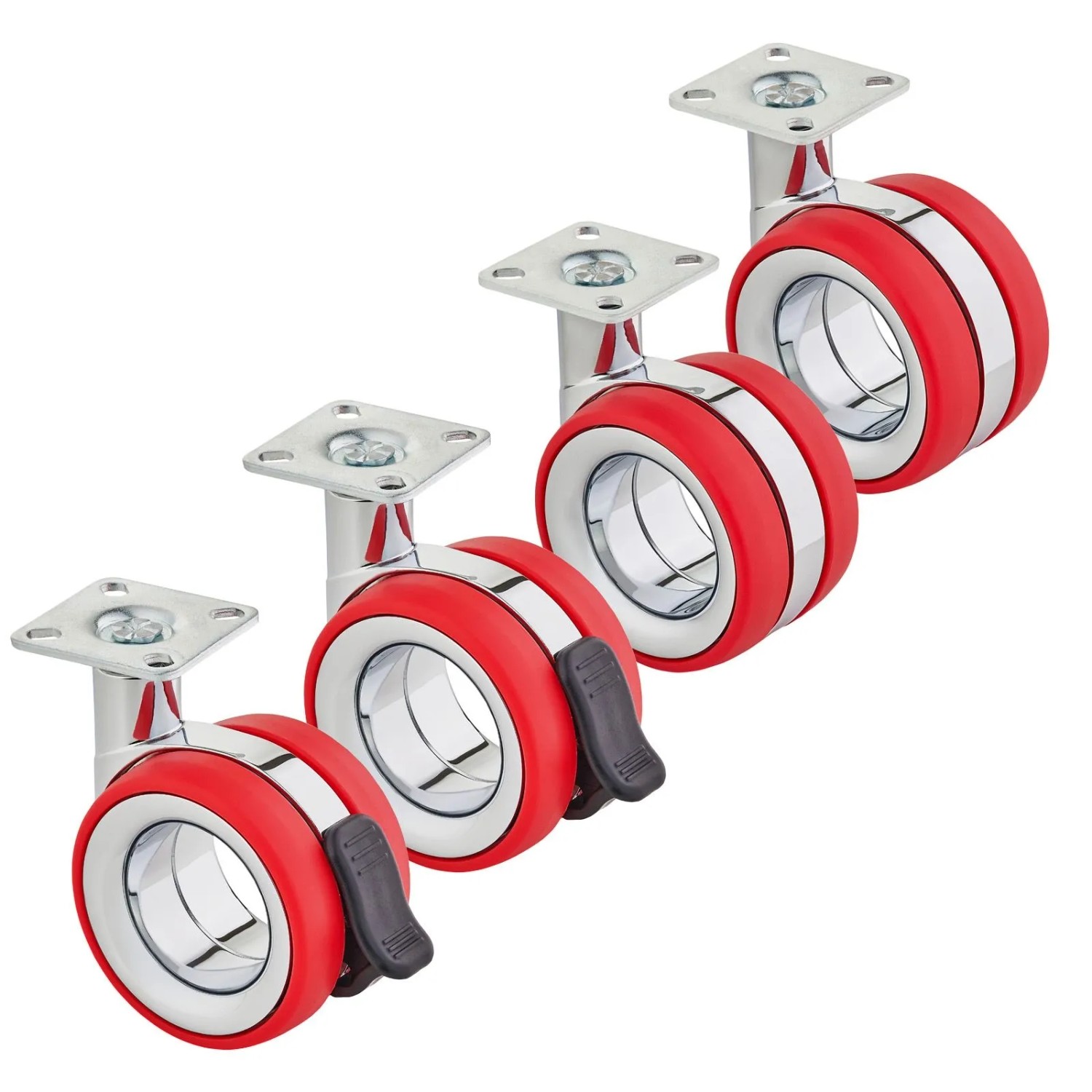SOTECH 4er SET Premium Möbelrolle DÜSSELDORF Ø75 mm Höhe 98,5 mm Chrom Rot 2x Lenkrollen und 2x Lenkrollen mit Bremse An...
