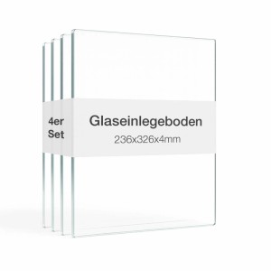 4er Set Glasböden (32,6x23,6cm) für Vitrinen, ESG-Glas, inkl. Bodenträger.